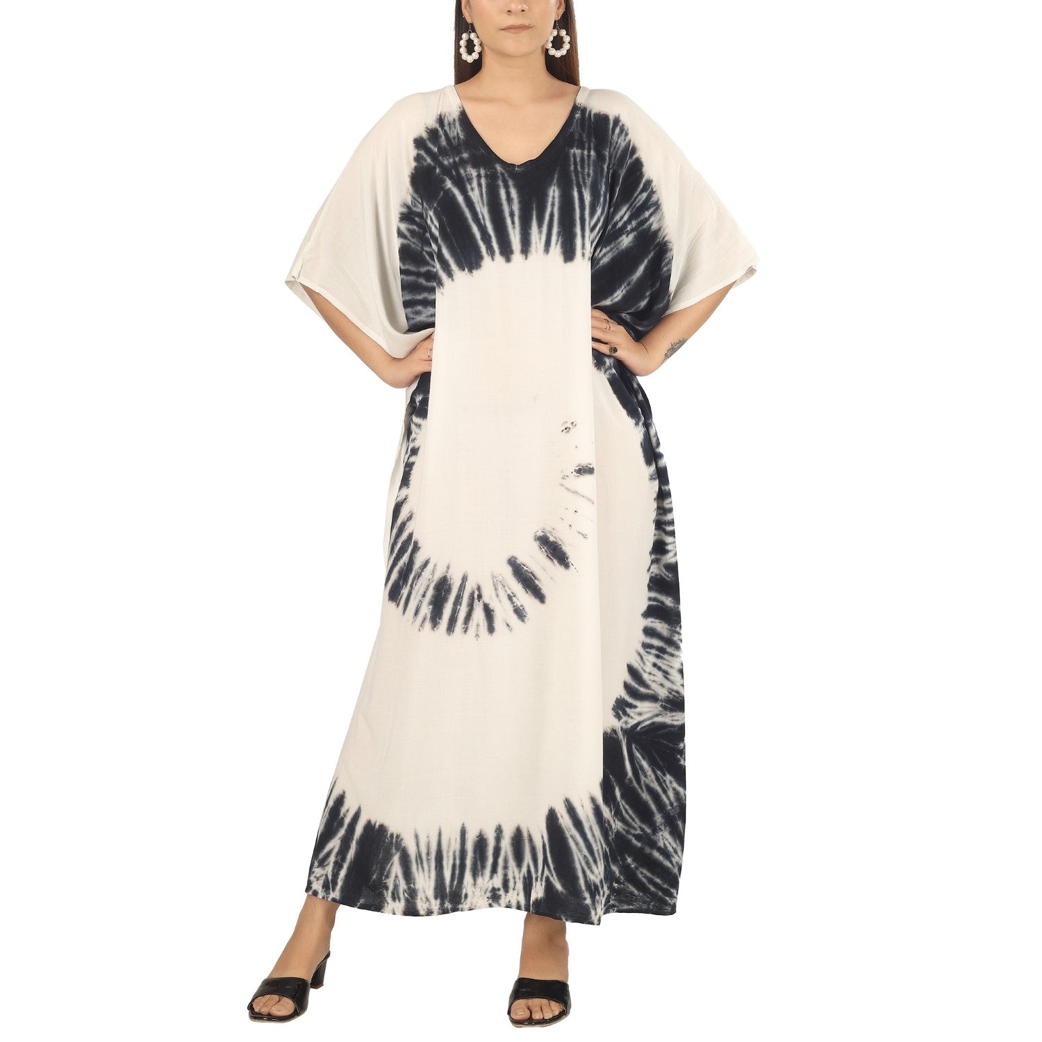 Earthen Threads Beach Summer Shibori Tie Dye Kaftan Kimono White Black