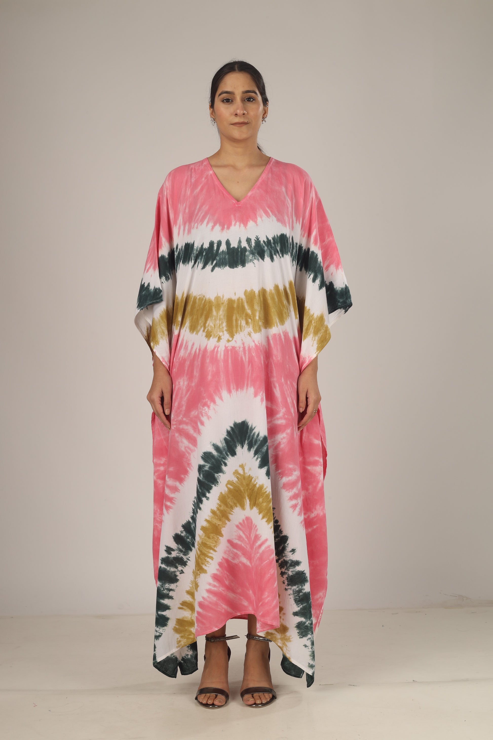 Earthen Threads Beach Summer Shibori Tie Dye Kaftan Kimono Green White