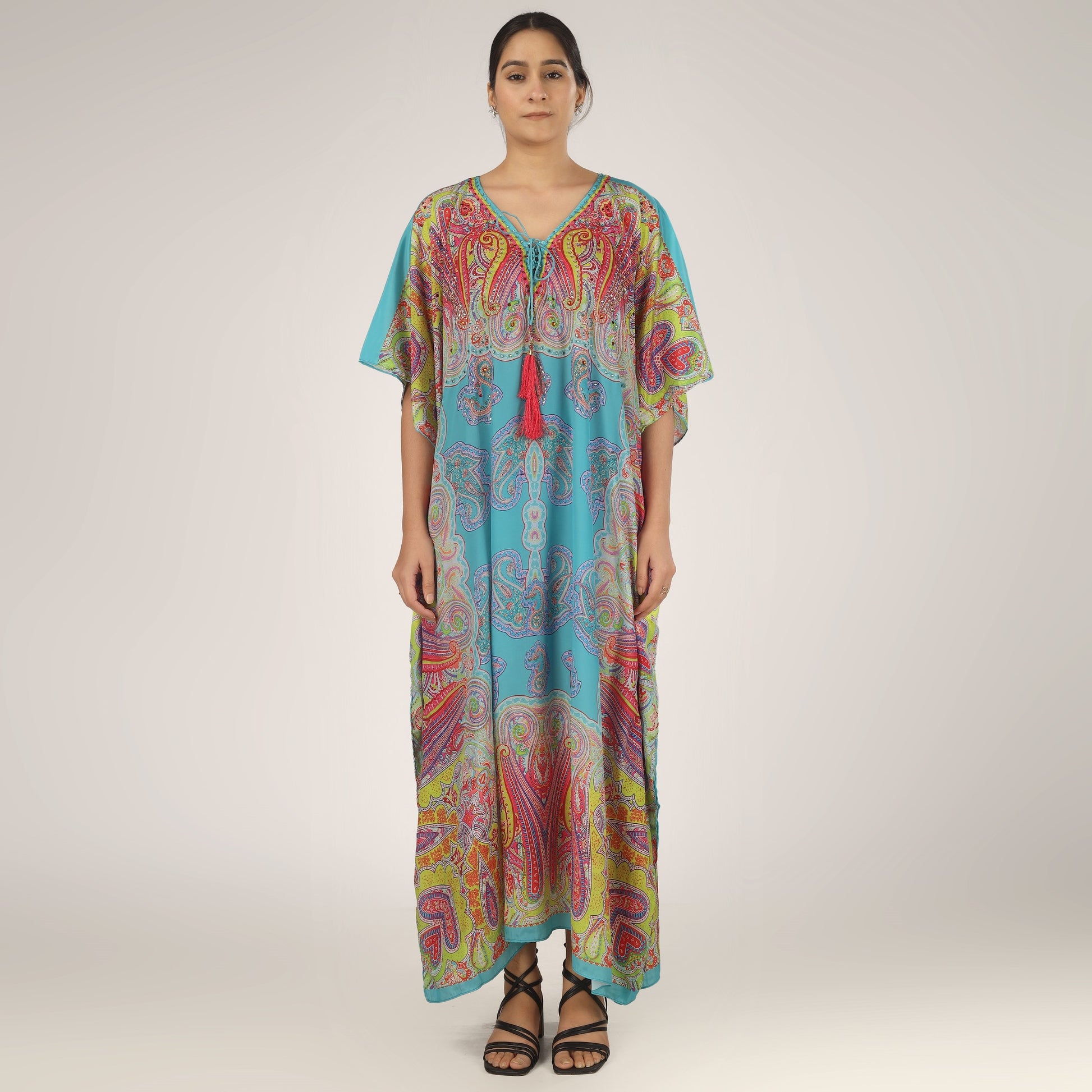 Earthen Threads Resort Wear Beach V Neck Kaftan with Embellishments Free Size Blue
