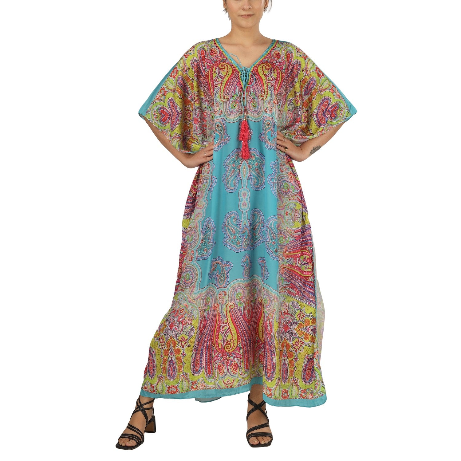 Earthen Threads Resort Wear Beach V Neck Kaftan with Embellishments Free Size Blue