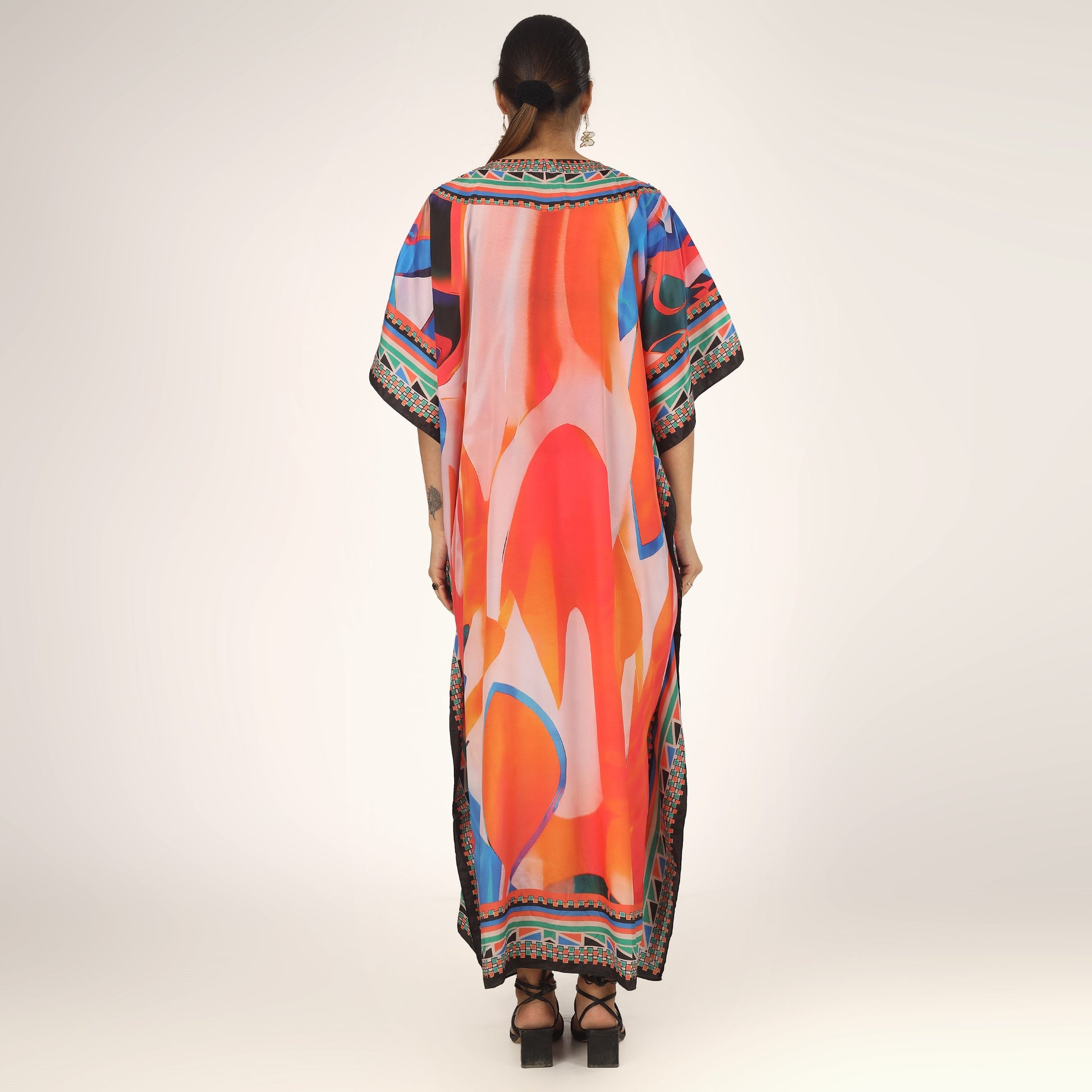 Earthen Threads Resort Wear Beach V Neck Kaftan with Embellishments Free Size