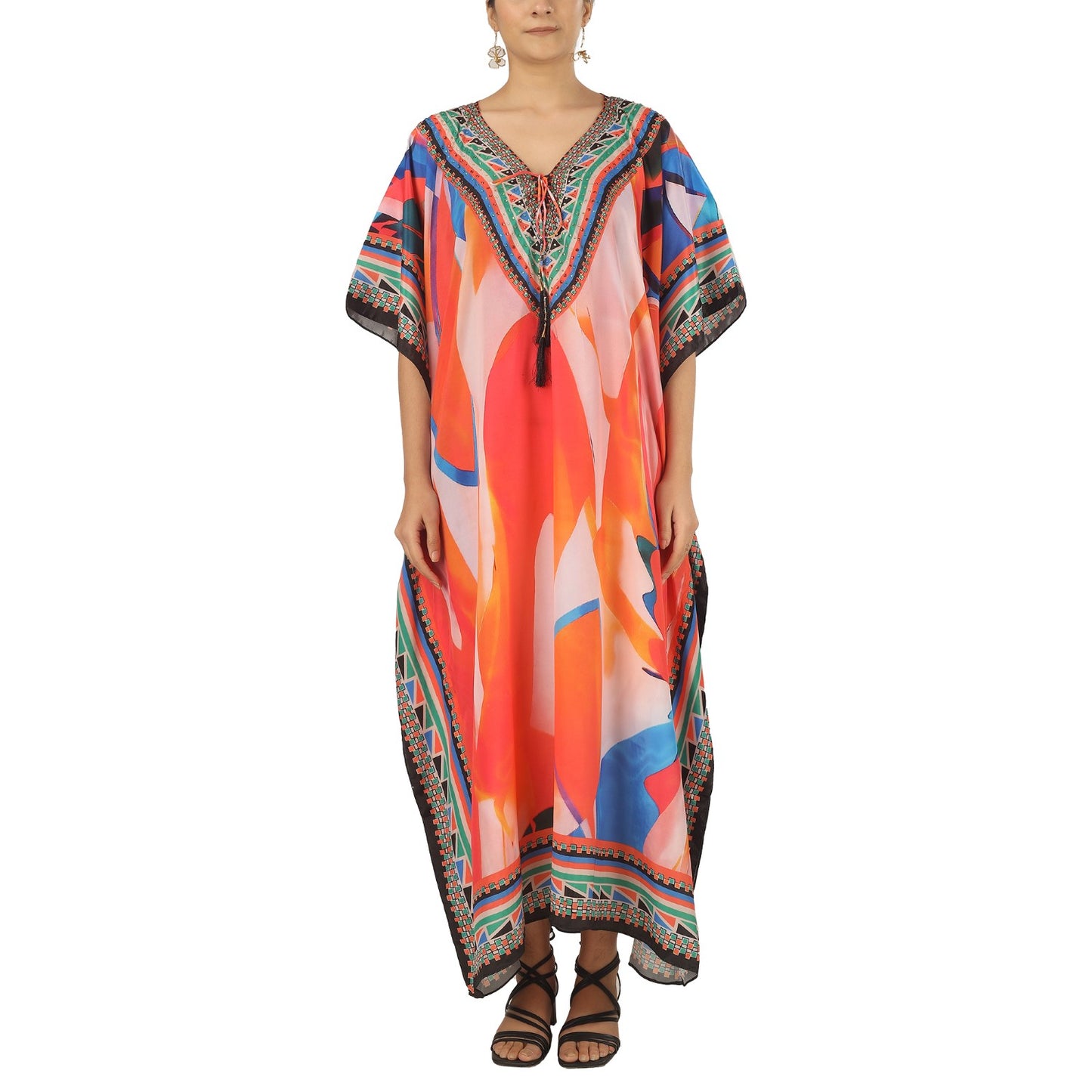 Earthen Threads Resort Wear Beach V Neck Kaftan with Embellishments Free Size