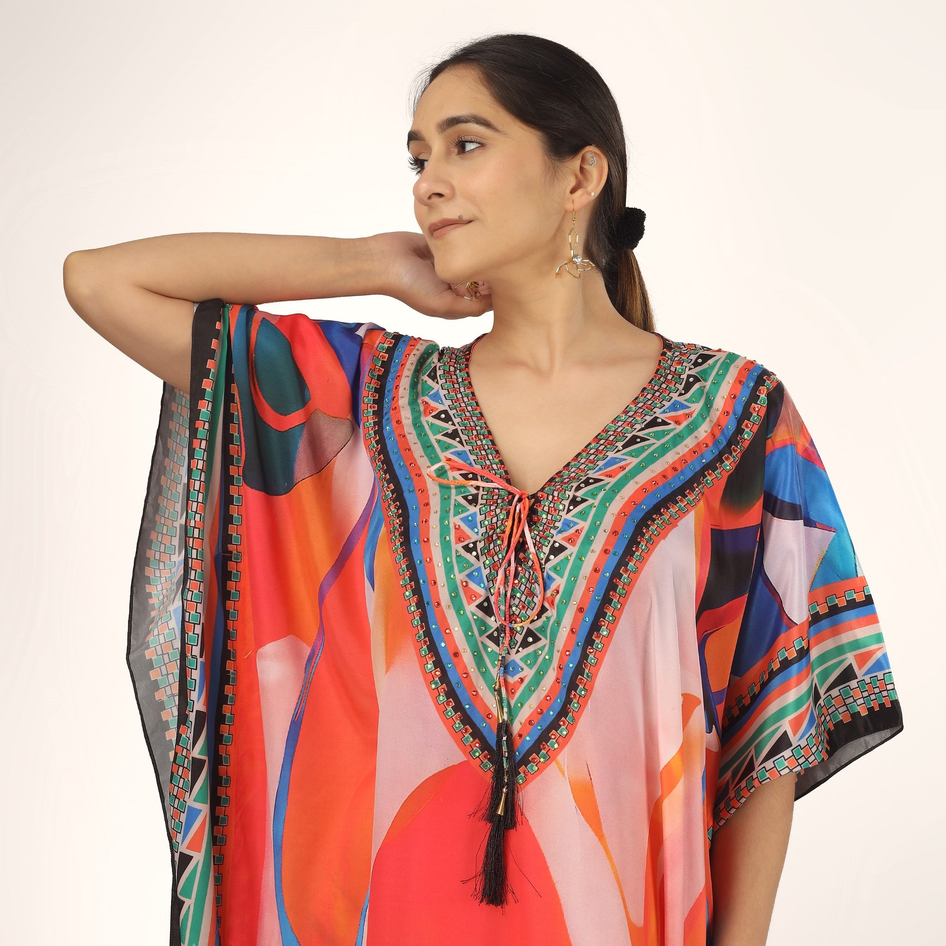 Earthen Threads Resort Wear Beach V Neck Kaftan with Embellishments Free Size