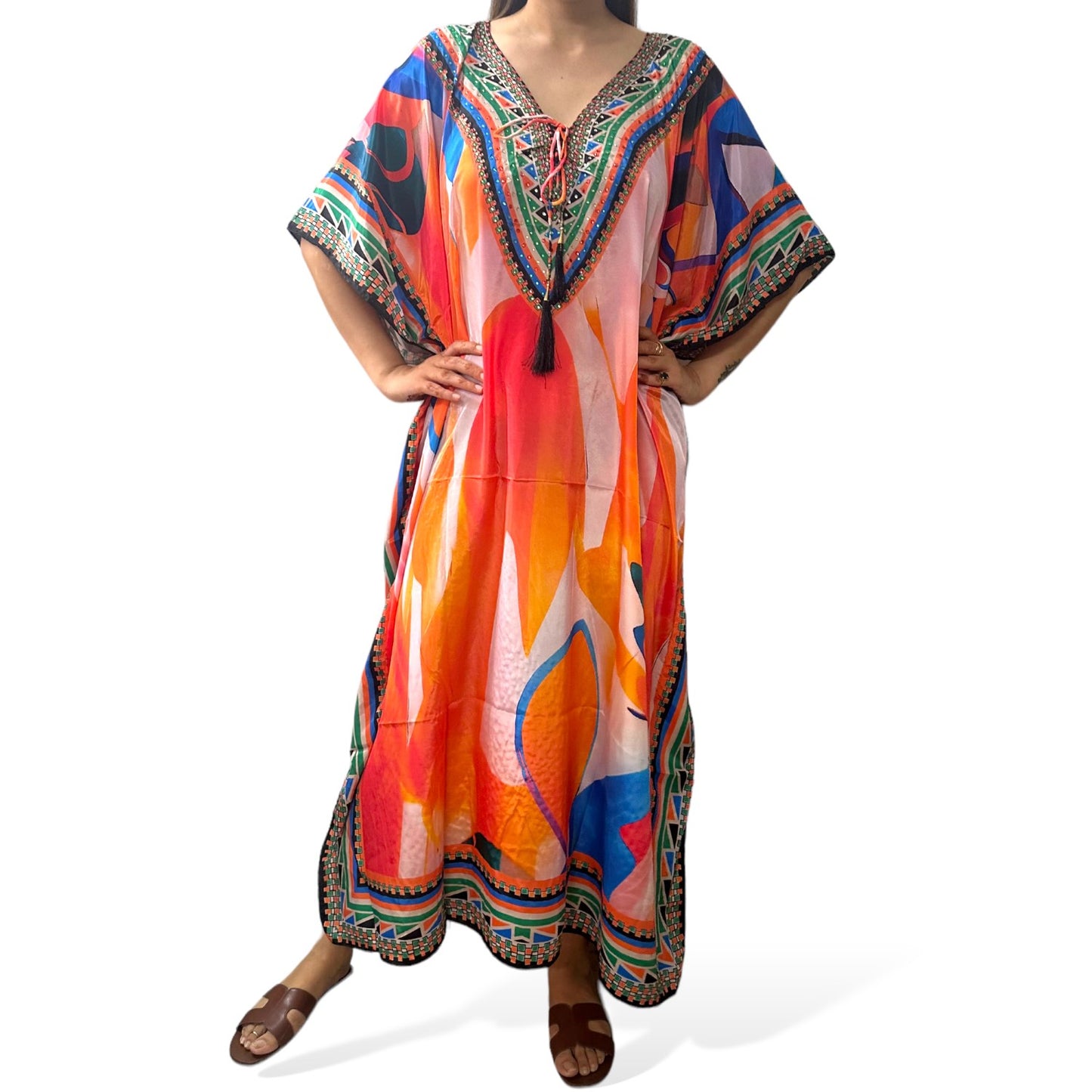 Earthen Threads Resort Wear Beach V Neck Kaftan with Embellishments Free Size