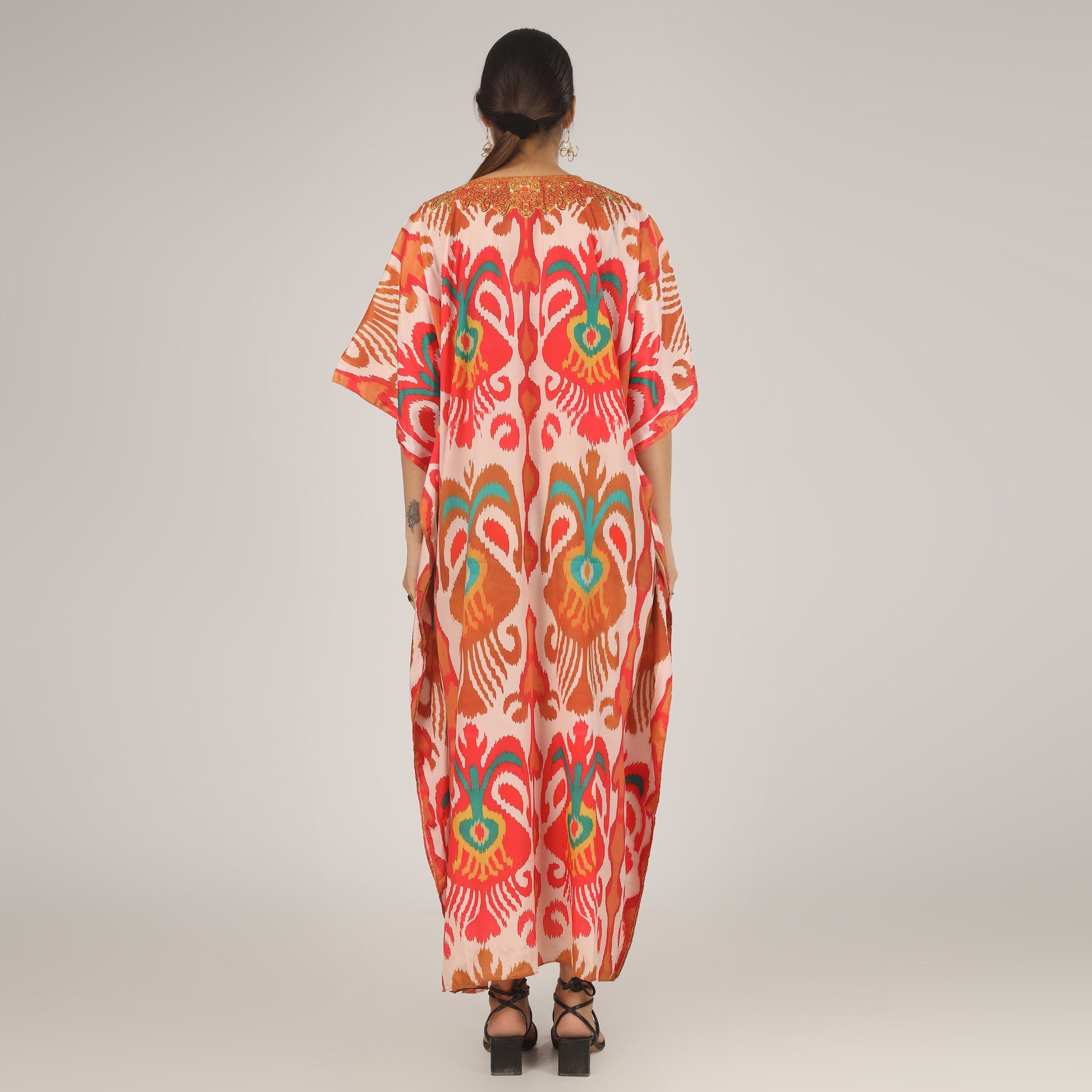 Earthen Threads Resort Wear Beach V Neck Kaftan with Embellishments Free Size Orange