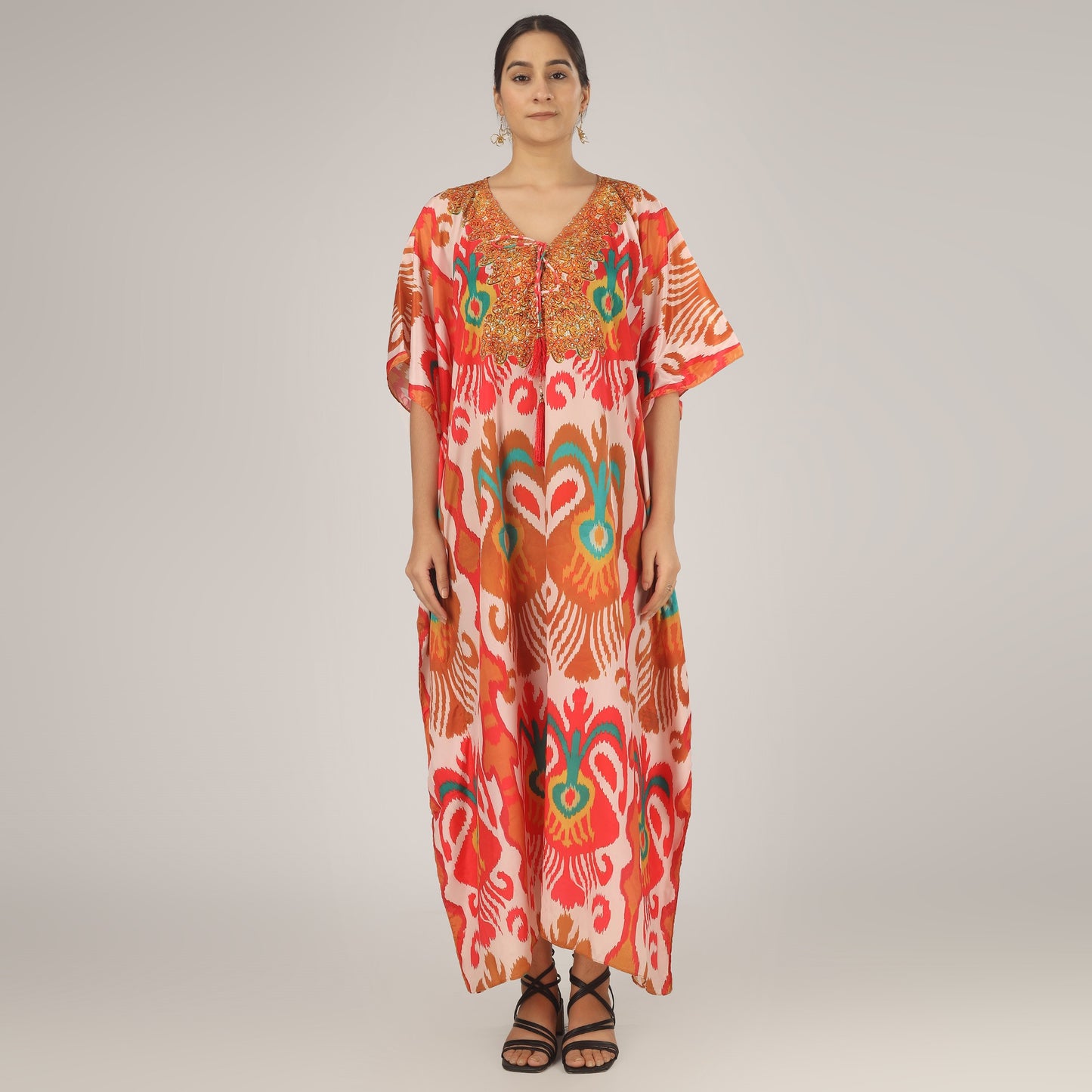 Earthen Threads Resort Wear Beach V Neck Kaftan with Embellishments Free Size Orange