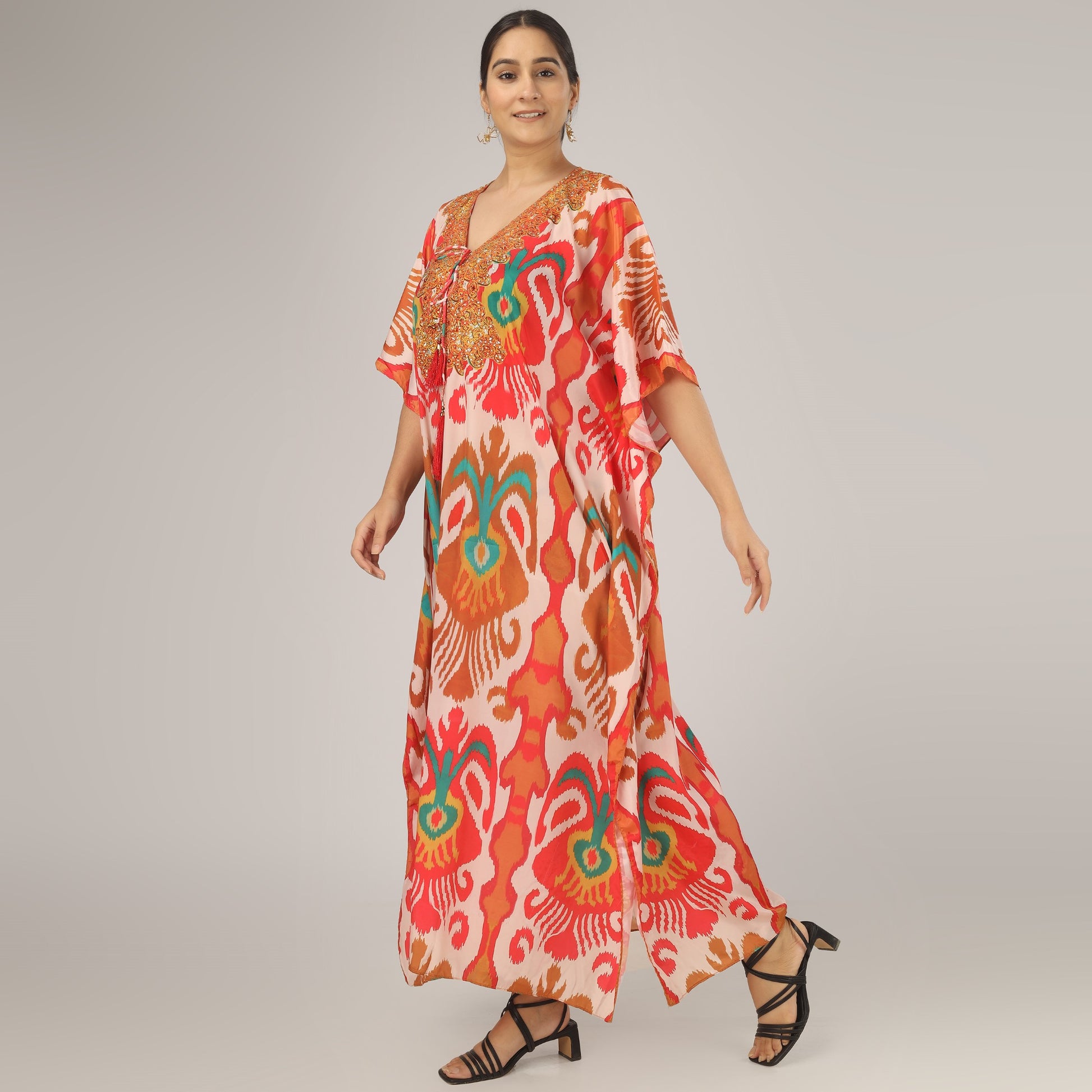 Earthen Threads Resort Wear Beach V Neck Kaftan with Embellishments Free Size Orange